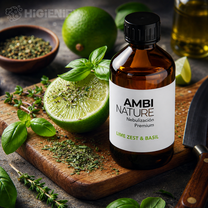 Recarga de Óleos Essenciais para Difusores | LIME ZEST & BASIL em frasco sobre tábua de madeira com ingredientes frescos.