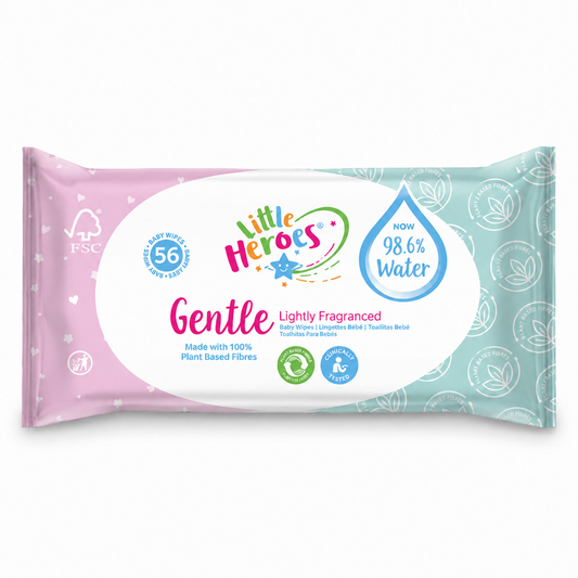 Toalhitas Bebé Água Dermo Pack 56 Unidades da Little Heroes, feitas com 100% fibras de origem vegetal.