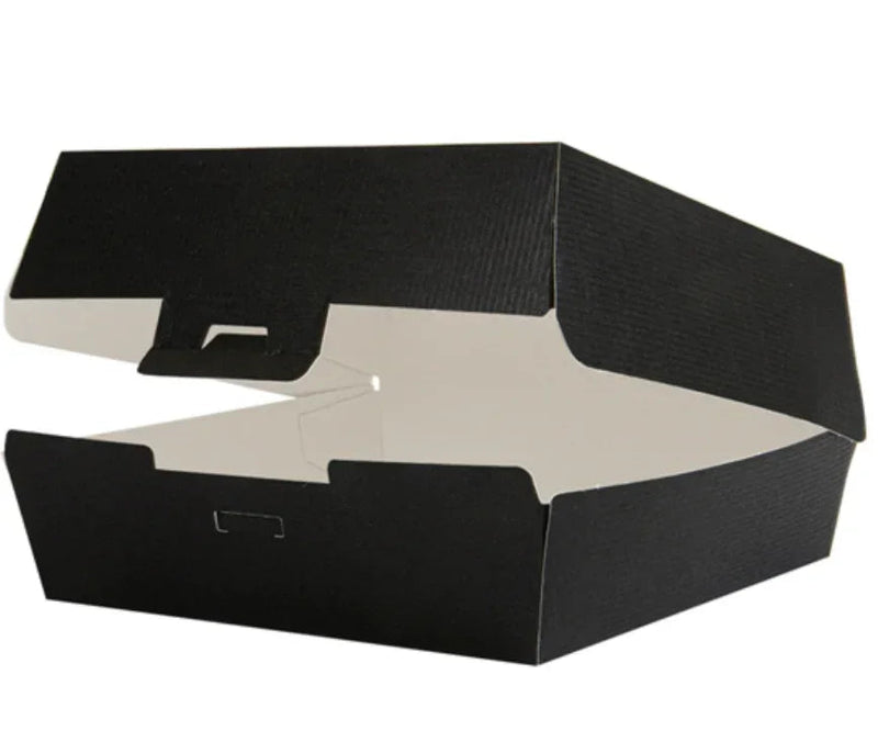 Caixa de Cartão Multiusos Lunch Box XL Take Away Preta aberta, ideal para takeaway e entrega de comida.