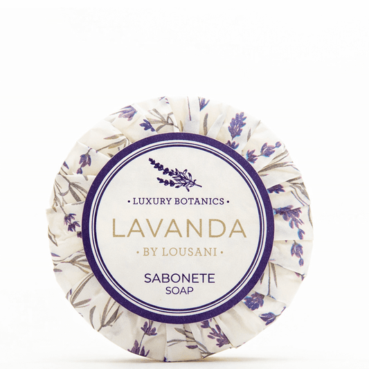 Sabonete Sólido Lavanda em embalagem redonda, by Lousani, com fragrância de lavanda, ideal para amenities em hotéis e alojamentos locais