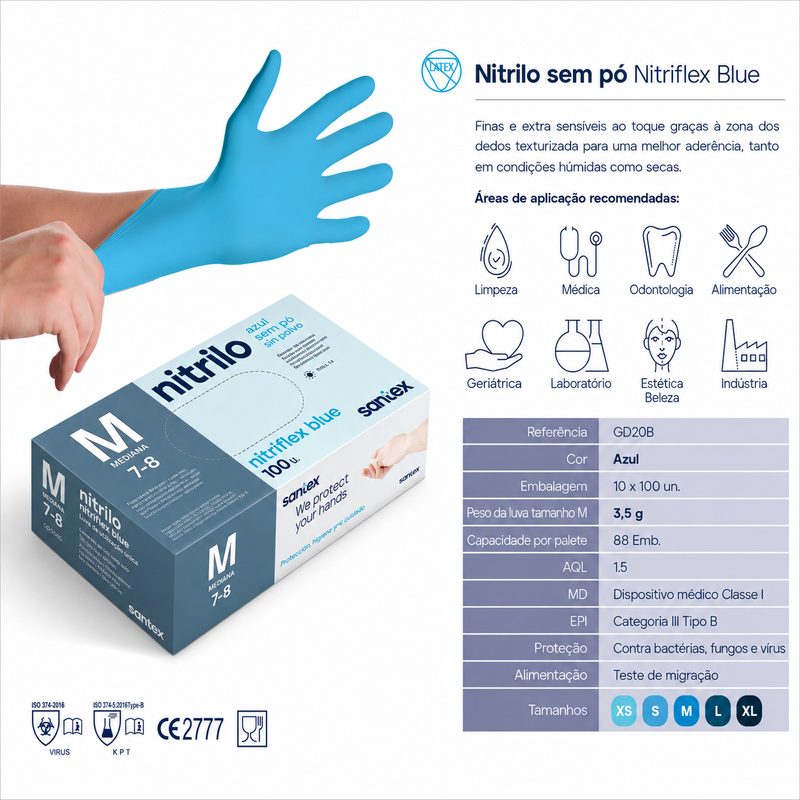 Luvas Nitrilo Azuis Descartáveis, pack com 100 unidades, 3.5g, flexíveis e resistentes, Santex Nitriflex Blue.