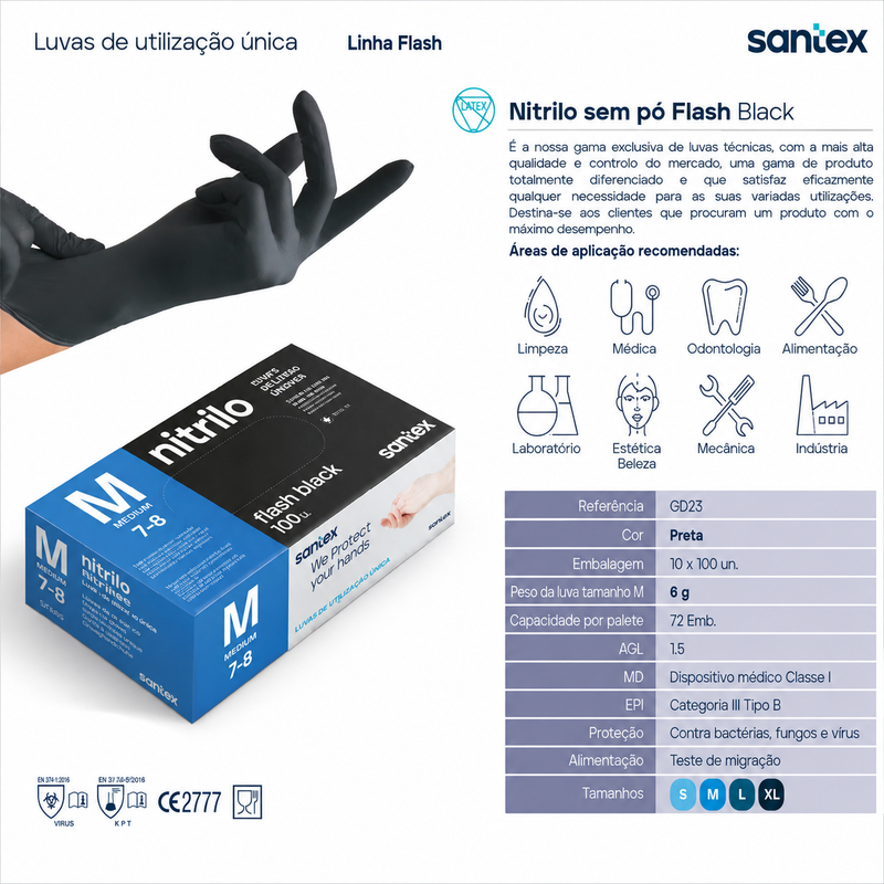 Luvas Nitrilo Pretas Extra Fortes Descartáveis Santex Flash Black, embalagem e especificações para uso profissional