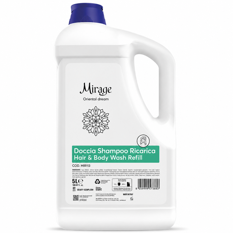 Gel de Banho e Champô 2em1 MIRAGE refill de 5L, ideal para hotelaria e cuidados pessoais.