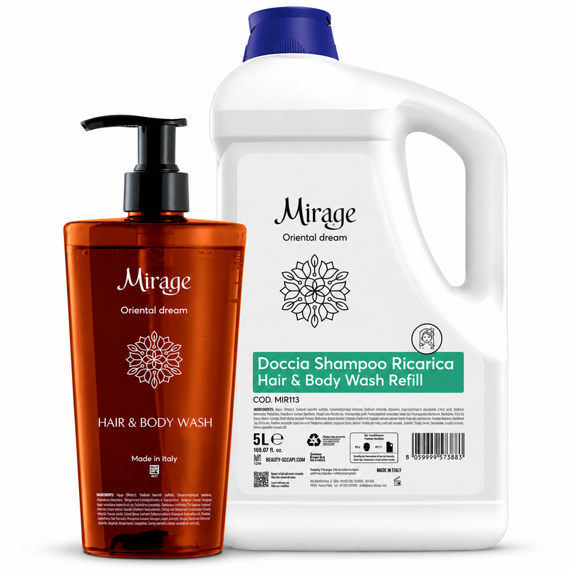 Gel de Banho e Champô 2em1 MIRAGE em embalagem de 400ml e refil de 5L, ideal para amenities hotelaria.