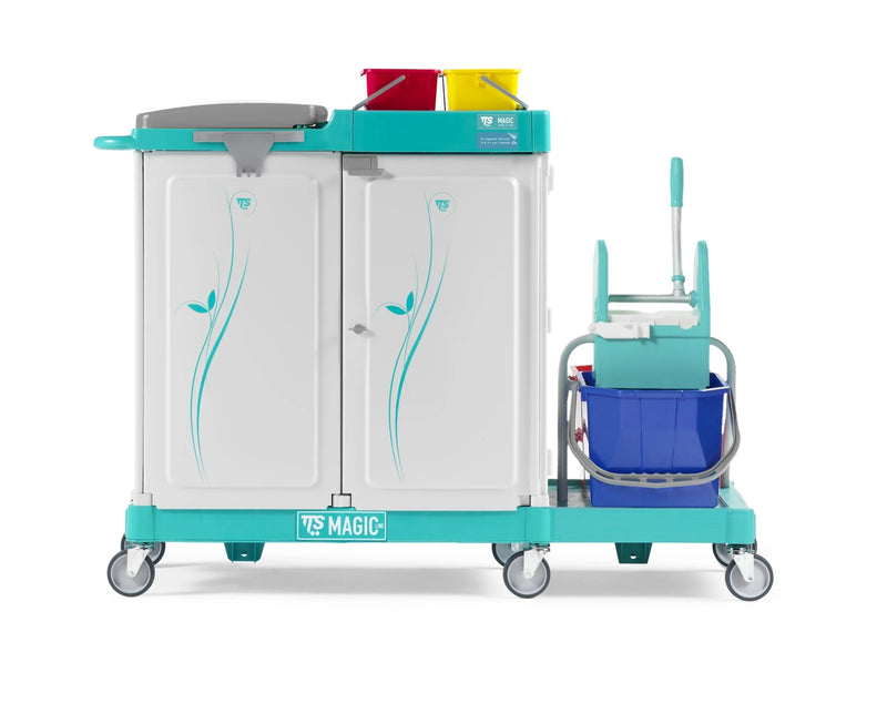Carrinho Limpeza Piquete TTS Magic Line 350E com compartimentos e baldes coloridos