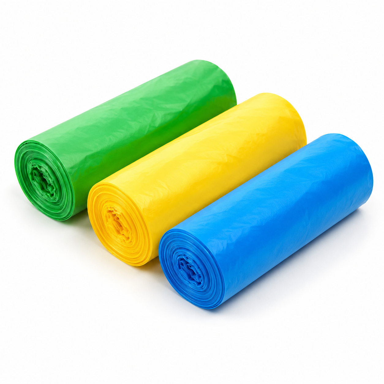 Sacos do Lixo Cores em Rolo 50L, incluindo sacos verdes, amarelos e azuis, perfeitos para reciclagem.