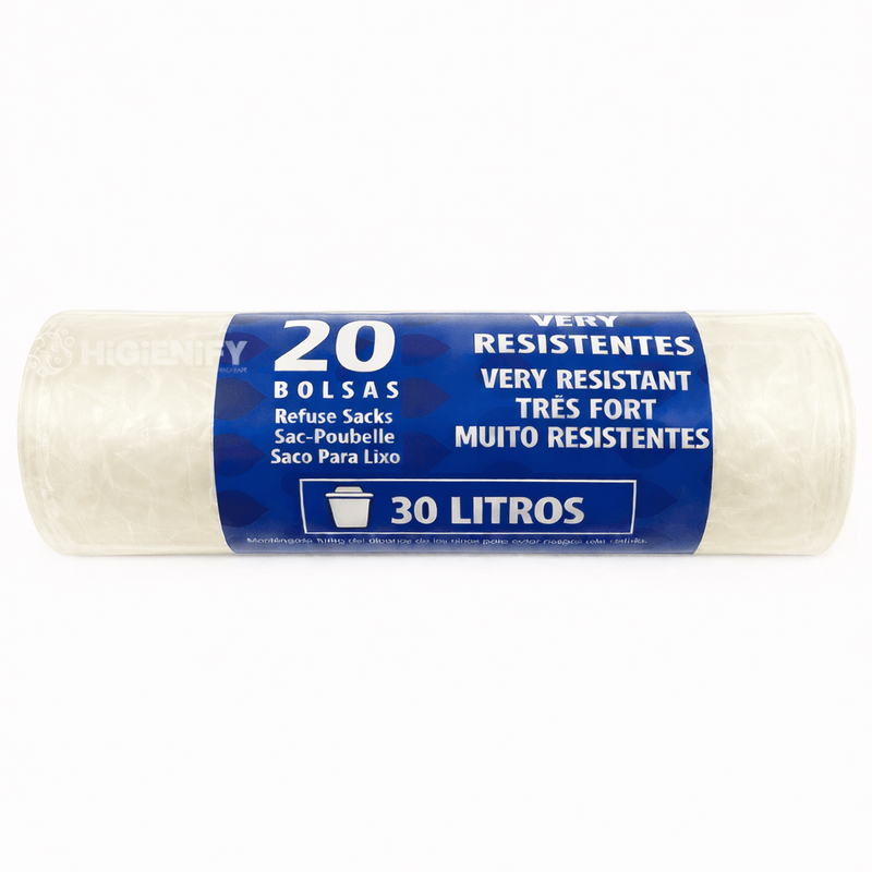 Sacos do Lixo Transparentes em Rolo 30L com 20 unidades, leves e resistentes, ideais para gestão de resíduos diários.