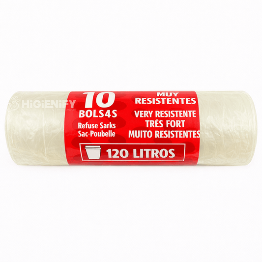 Sacos do Lixo Transparentes em Rolo 120L, pack com 10 unidades, resistentes e práticos para gestão de resíduos diários.