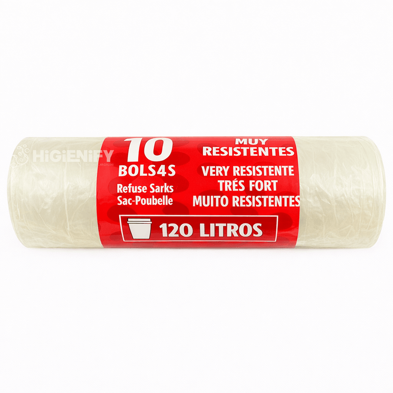 Sacos do Lixo Transparentes em Rolo 120L, pack com 10 unidades, resistentes e práticos para gestão de resíduos diários.