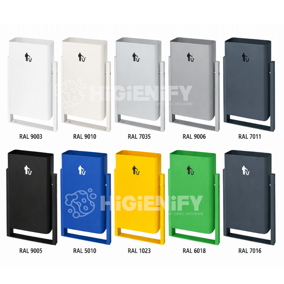 Papeleira Urbana Metálica para Exterior disponível em várias cores, incluindo branco, azul, verde e amarelo.