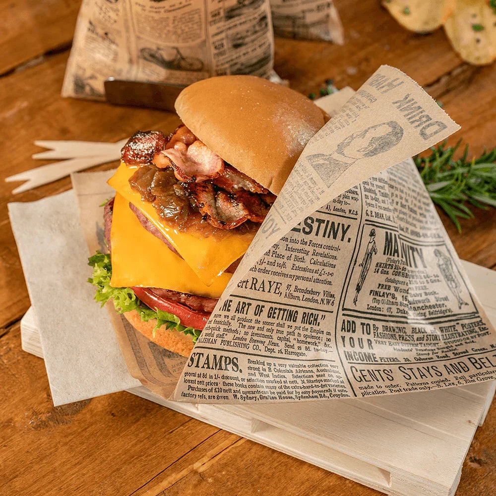 PAPEL BOLSA ANTI-GORDURA ABERTURA 2 LADOS TIMES OLD 16x16 Folhas Jornal Antigo Impresso Hamburgeria Restaurante