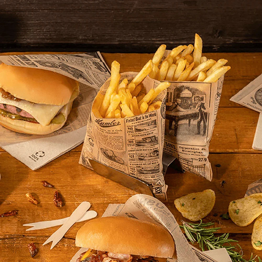 PAPEL BOLSA FRITAS ANTI-GORDURA TIMES OLD 12x12 Folhas Jornal Antigo Impresso Fritos Batatas Fast Food Restaurante