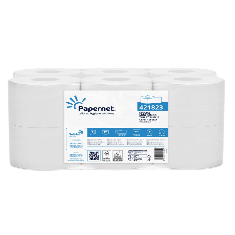 Papel Higiénico Jumbo Extração Central Mini 2F PAPERNET | Pack de 12 rolos | 112 metros | Soluções de higiene Papernet