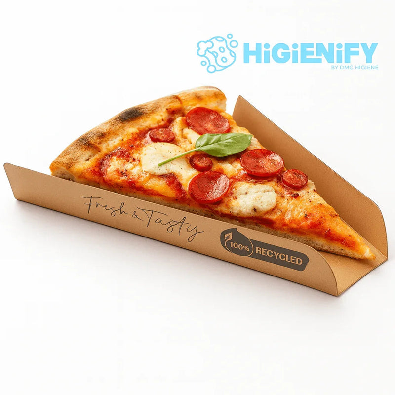 Pá Triangular Fatia Pizza Take Away com fatia de pizza de pepperoni e manjericão, embalagem reciclada e sustentável.