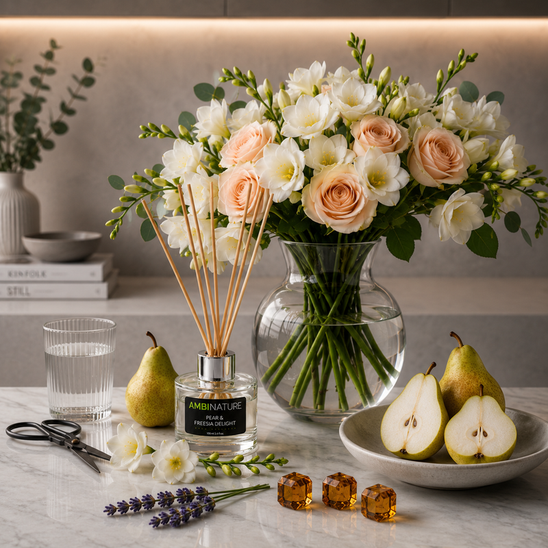 Imagem do ambientador mini mikado premium Ambinature com flores e frutas, destacando o aroma de pêra e frésia.