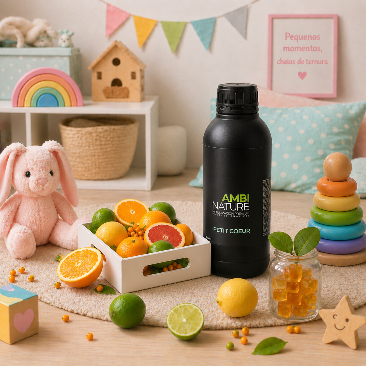 Essência Nebulizadora Petit Coeur 1000ml. tipo aroma de Colónia Infantil Nenuco com frutas cítricas e brinquedos numa decoração acolhedora e infantil.