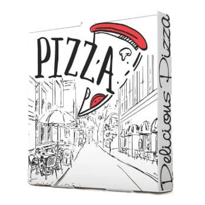 Caixa Pizza 33x33cm com design criativo e a frase 'Delicious Pizza' para embalagens de pizza para take away.