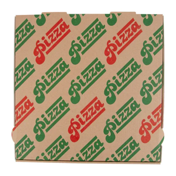Caixa Pizza 26x26cm com design colorido, ideal para servir pizzas pequenas, pacotes com 100 unidades.