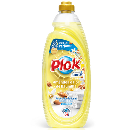 Amaciador de Roupa Extra Perfumado Plok com aroma de Amêndoa e Flor de Baunilha, 2L, 84 doses.