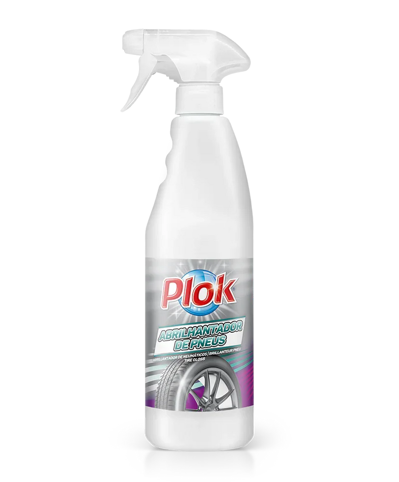 Abrilhantador de Pneus Spray Plok 750ml em embalagem pulverizadora para cuidado e acabamento de pneumáticos.