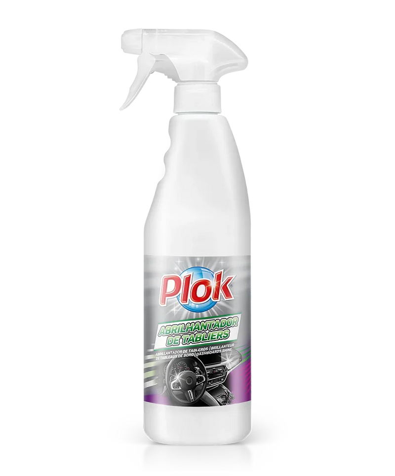 Abrilhantador de Tabliers Spray PLOK AUTO AT em garrafa pulverizadora de 750ml para limpeza de plásticos automotivos.