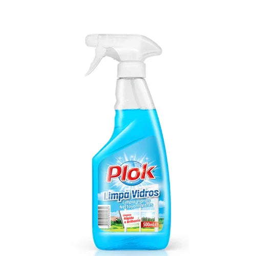 Limpa Vidros Spray Perfumado 500ml PLOK LV em frasco spray azul para limpeza eficaz de superfícies brilhantes.