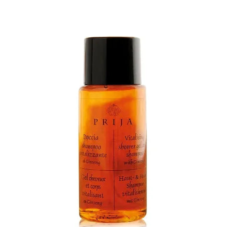 Gel de Banho e Champô 2em1 com Ginseng PRIJA 40ml em frasco para hotelaria.