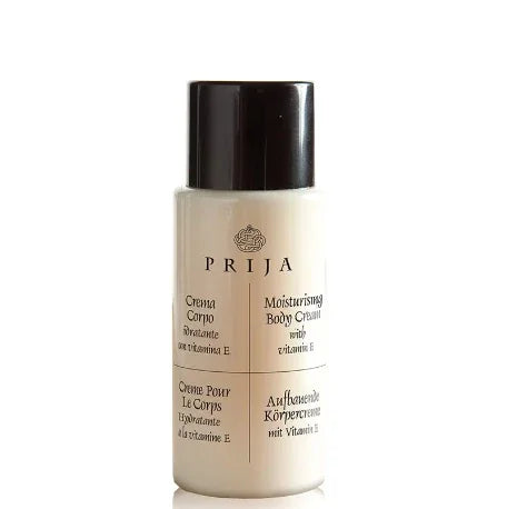 Loção Hidratante Corporal PRIJA 40ml em frasco, com vitamina E para hidratação e nutrição da pele.
