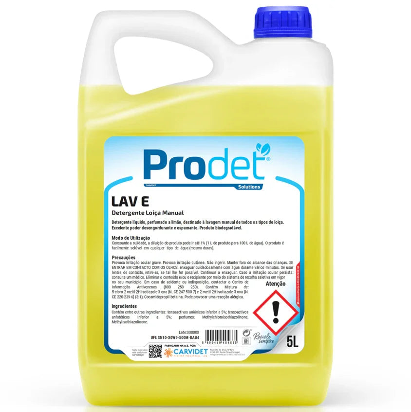 Detergente Loiça Manual Profissional Económico 5 Litros PRODET LAV-E CARVIDET GLOW Cozinhas Refeitórios Escolas Instituições