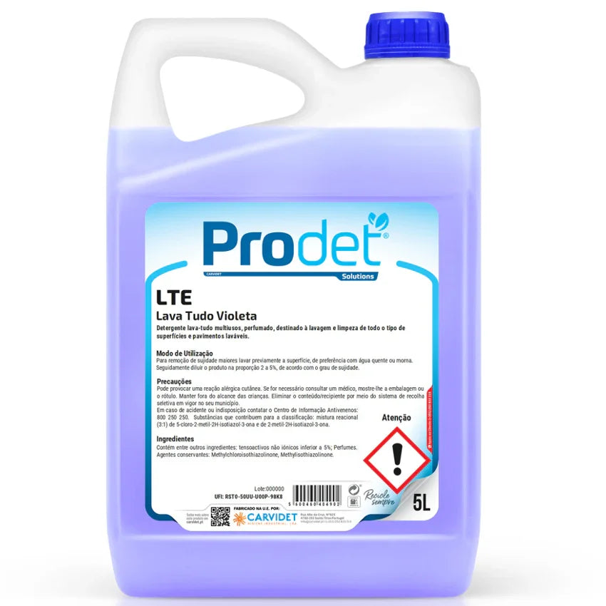 Detergente Lava Tudo Perfumado 5 Litros Garrafão PRODET LTE Multiusos Profissional Empresas Violeta Lavanda