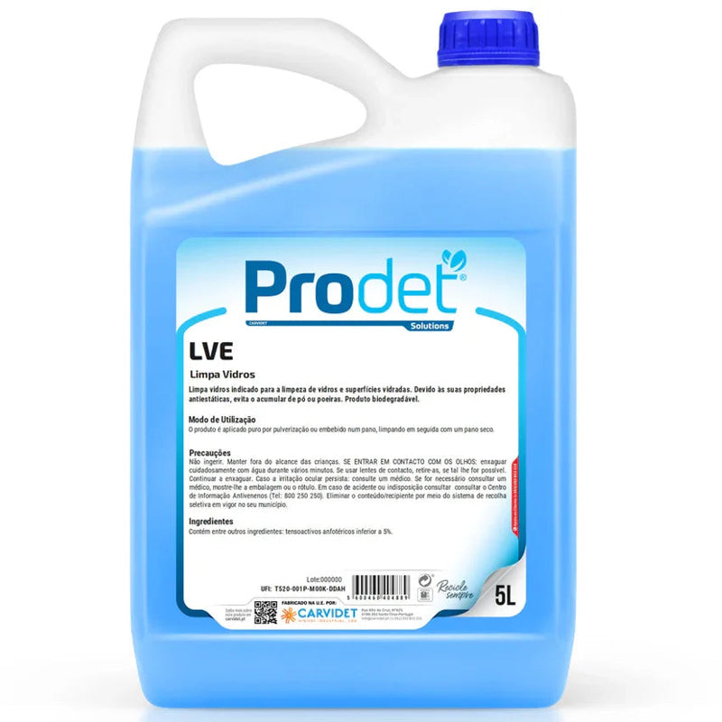 Detergente Limpa-Vidros Profissional 5L Prodet LVE, ideal para limpeza de vidros e superfícies brilhantes.