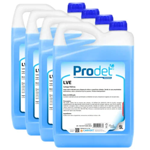 Detergente Limpa-Vidros Profissional Prodet LVE 5 Litros em embalagem para limpeza eficaz de vidros e superfícies.