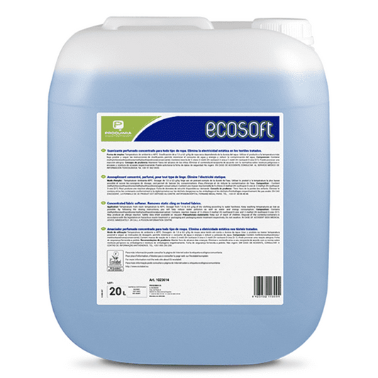 Amaciador de Roupa Industrial Extra Concentrado na embalagem de 20L da Proquimia, produto ecológico Ecosoft.