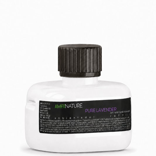 Ambientador Líquido Elétrico Recarga PURE LAVENDER em frasco branco com tampa preta.