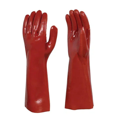 Luva PVC Industrial Extra Forte - Equipamento de proteção industrial em PVC vermelho, ideal para impermeabilização contra agentes químicos.