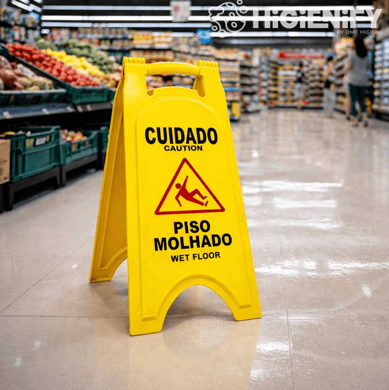 Painel Sinalizador de Piso Molhado da marca DELFI PRO colocado sobre um piso de um supermercado, avisando para limpeza em curso