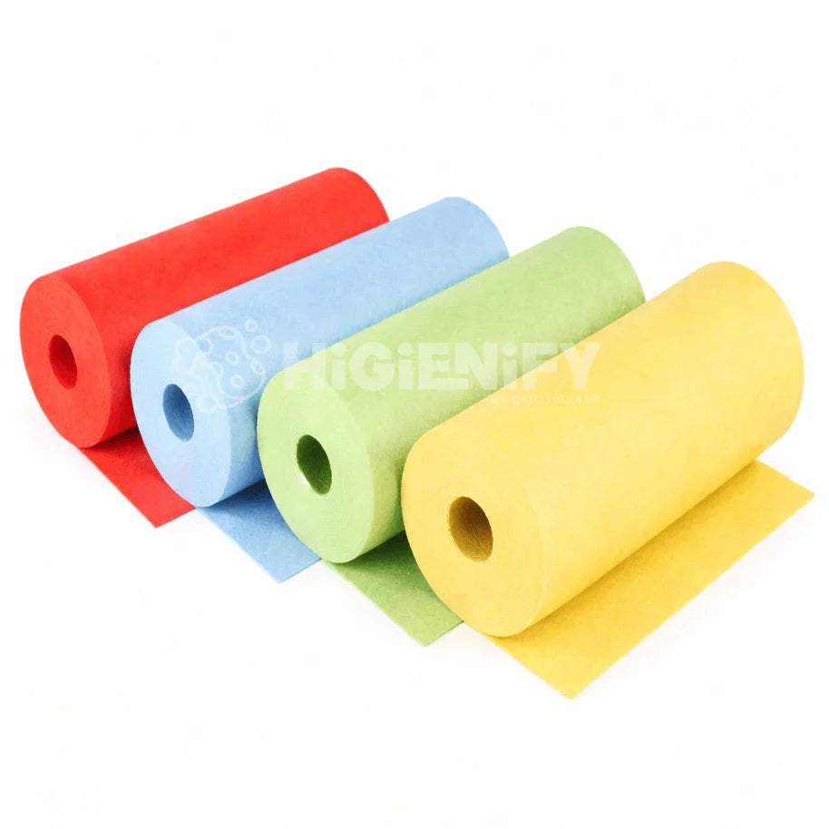 Pano Multiusos Sintético Rolo Pré-Cortado 14M Limpezas Profissionais Empresas Cores HACCP Amarelo Azul Vermelho Verde