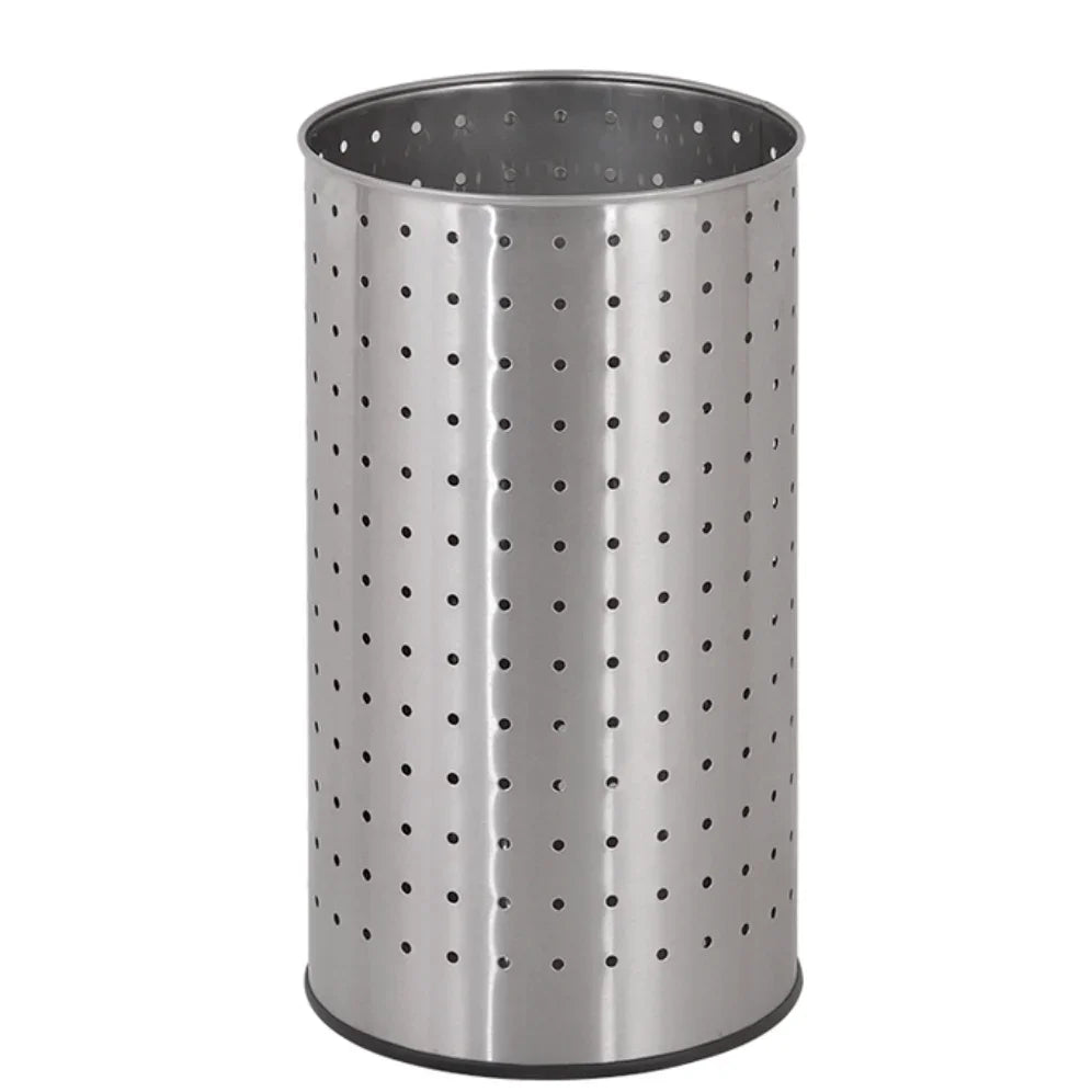 Papeleira Porta Guarda-Chuvas em Inox, formato cilíndrico e perfurado, ideal para uso em ambientes internos.