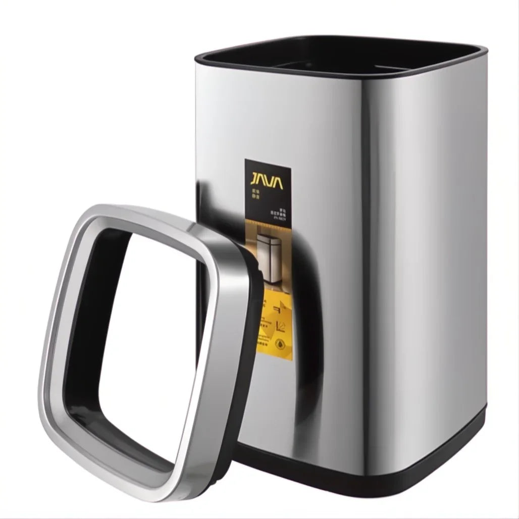 Papeleira Lixo Inox Aberta, design moderno em inox com tampa removível, ideal para escritórios e espaços comerciais.