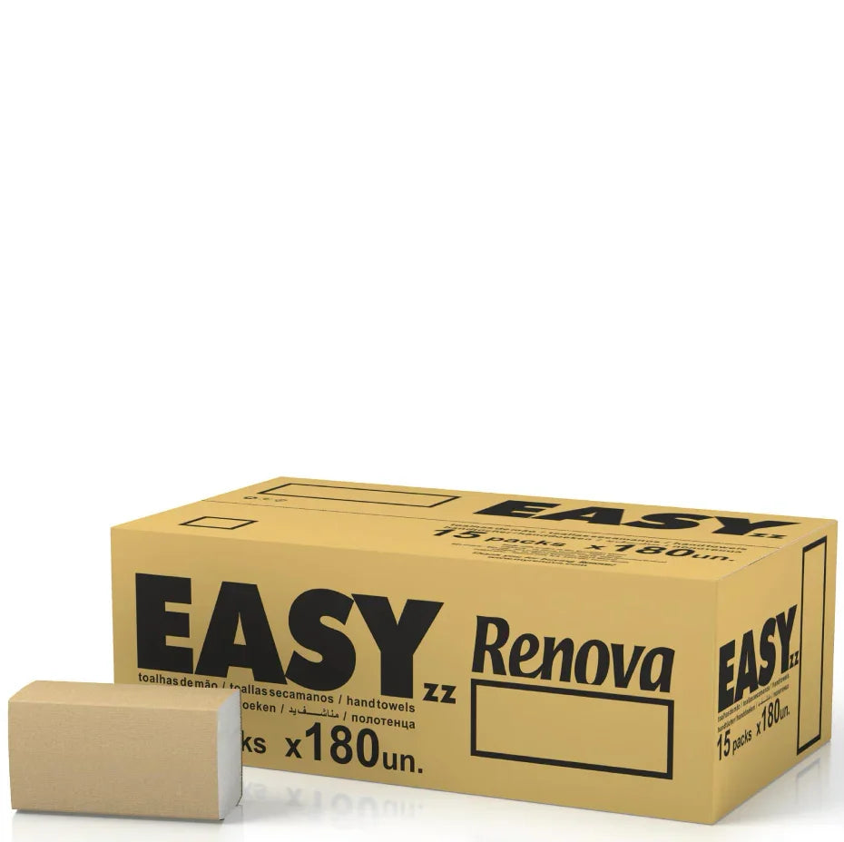 Papel Toalhas de Mãos Zig-Zag Recicladas 1F Renova Easy em embalagem de 15 pacotes com 180 folhas cada.