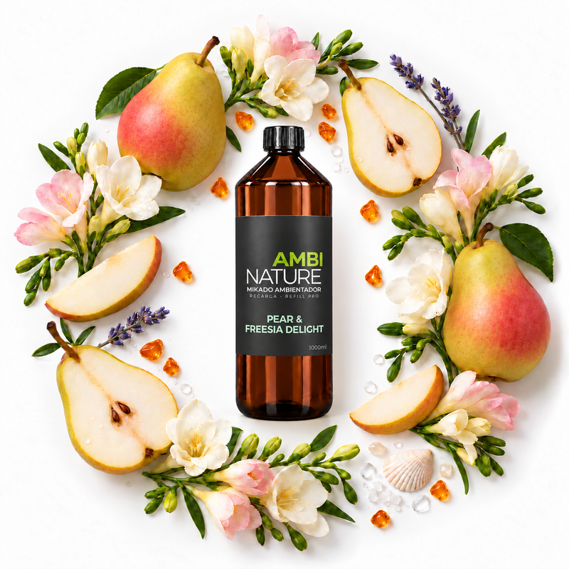 Ambientador Mikado Premium Recarga 1000ml Pear & Freesia Delicht rodeado de flores e peras