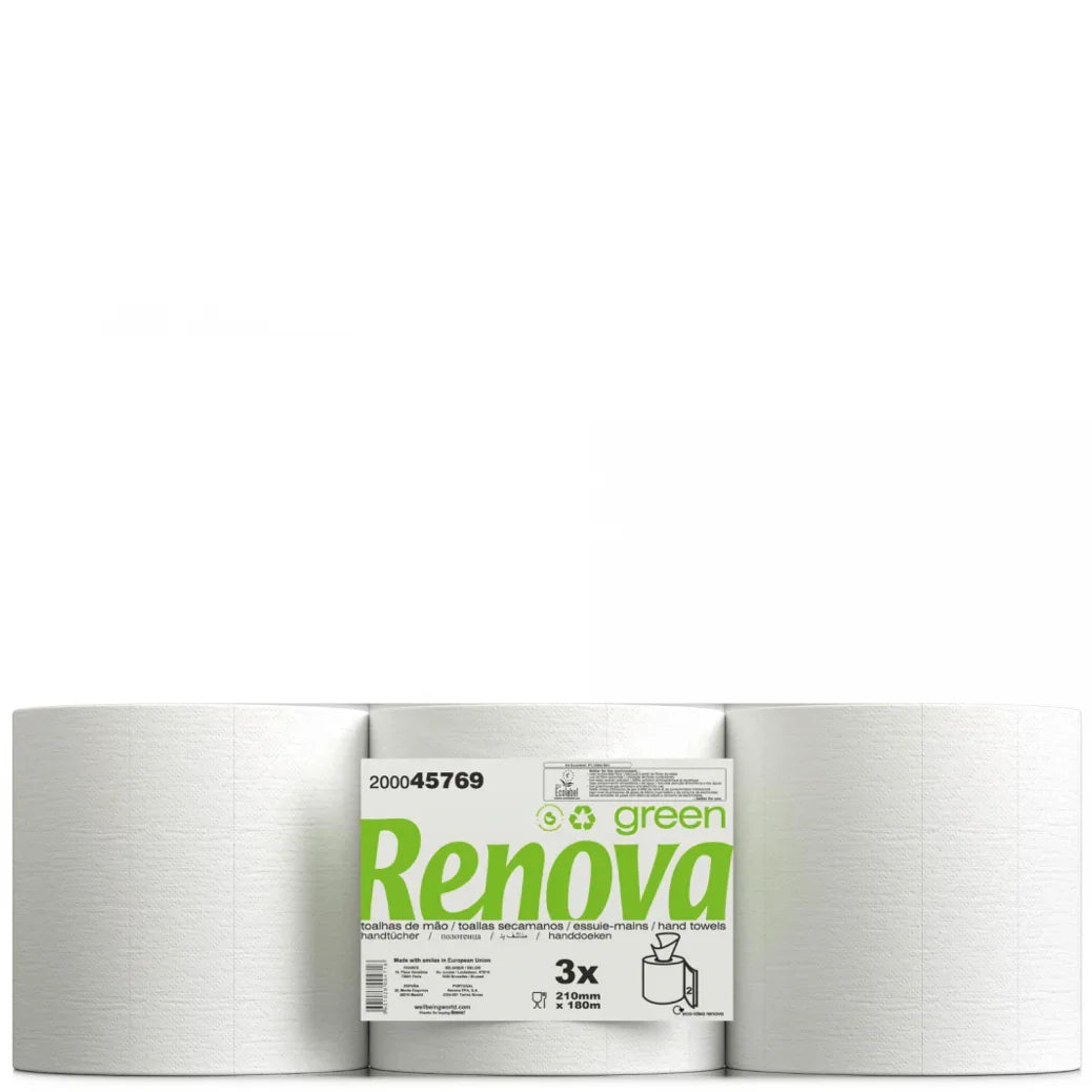 Papel Rolo Multiusos Espiral Renova Green Barril 180M | Pack de 3 Rolos com alta absorção e resistência.