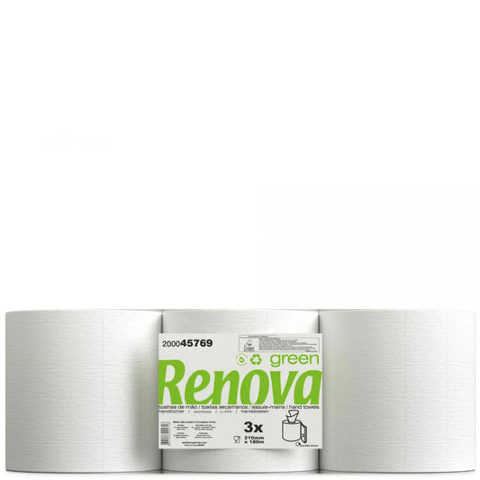 Papel Rolo Multiusos Espiral Renova Green Barril 180M | Pack de 3 Rolos com alta absorção e resistência.
