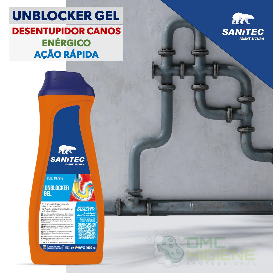 Imagem comercial da Garrafa de Desentupidor de Canos Gel Enérgico Profissional SANITEC UNBLOCKER GEL