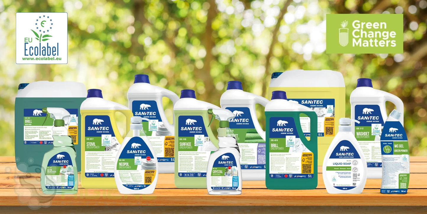 Kit Detergentes Ecológicos Profissionais SANITEC GREEN POWER com 6 unidades e certificação ECOLABEL.