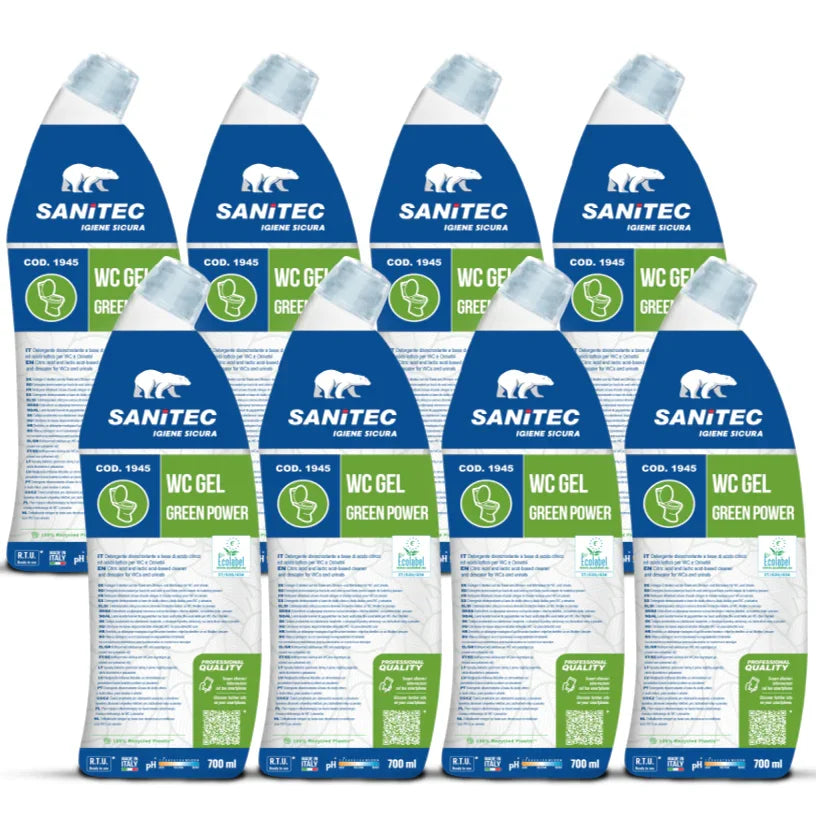 Detergente Gel Anti-Calcário Ecológico 700ml, embalagem de 8 unidades do detergente ecológico SANITEC, para uso profissional
