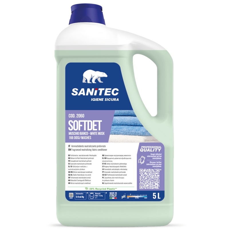 Amaciador de Roupa Concentrado Profissional 5L da Sanitec, com fragrância de almíscar branco, ideal para resultados de excelência.
