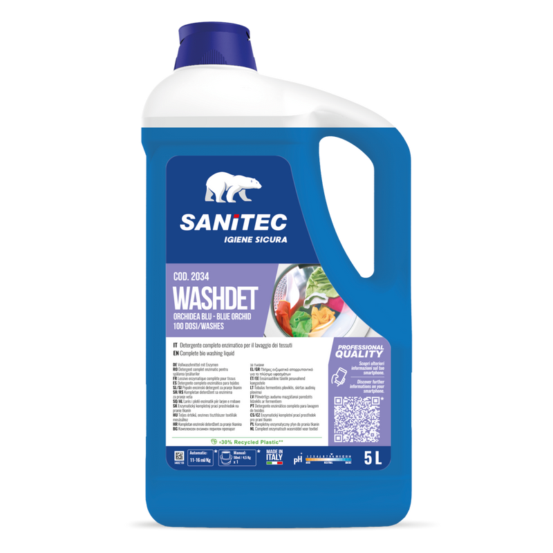 Detergente Líquido Máquina Roupa Enzimático Profissional 5L Sanitec Washdet para uso profissional.