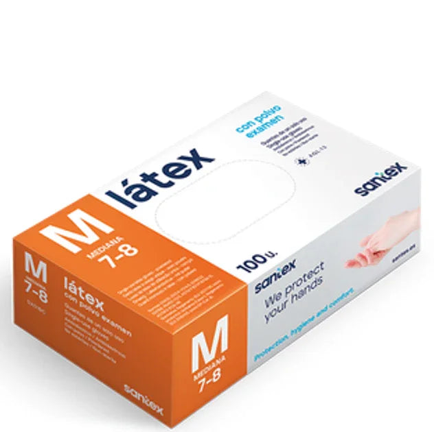 Luvas Latex Descartáveis com Pó, Tamanho M, Pack de 100 Unidades, Protegem as Mãos, Ideal para Uso Profissional e Doméstico.