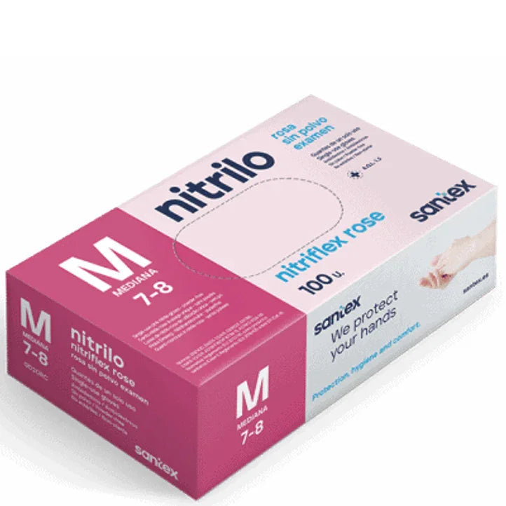 Caixa de Luvas de Nitrilo Descartáveis Rosa, tamanho M, 100 unidades, Saniex e gramagem de 3,5g.